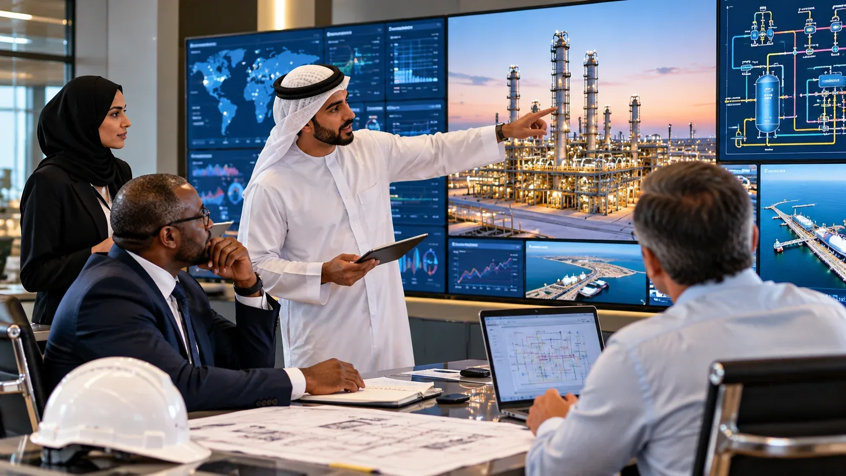 Engineers and advisers in an operations control room reviewing plant schematics and live process dashboards on a video wall