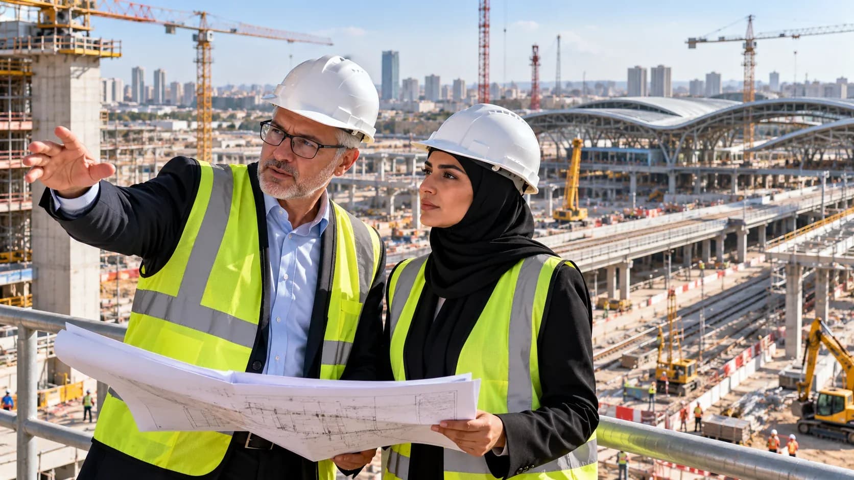 A consultant and an engineer in hard hats and hi-vis vests reviewing drawings above a major infrastructure construction site