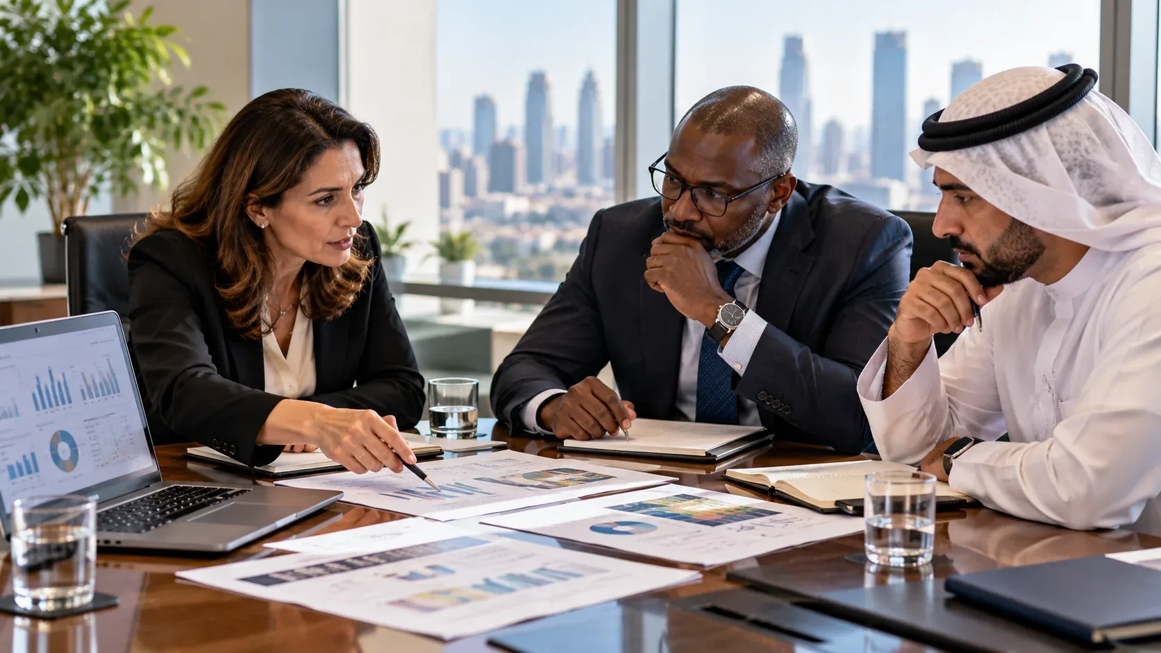 Three senior advisers at a boardroom table reviewing printed performance charts and capability analysis