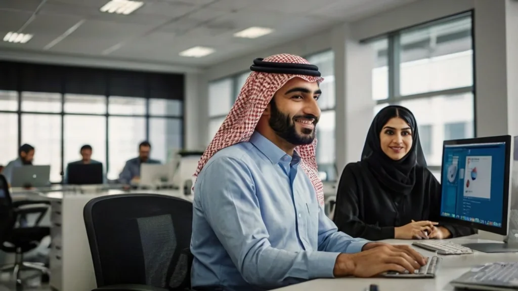 arab men and women sitting at computers in a modern office 2
