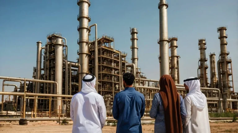 group of arab men and women looking at an oil refinery 3